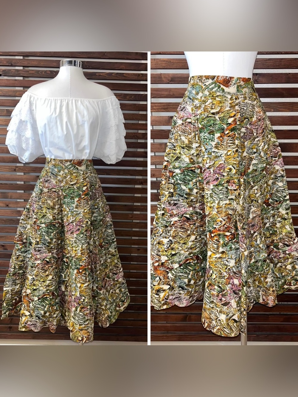 1950s Vintage Multicolor High Waist Ruched Scalloped Bottom Circle Skirt